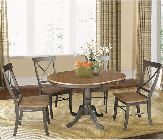 IC INTERNATIONAL CONCEPTS 36" Round Wood Extension Dining Table with 4 Chairs in Hickory/Washed Coal