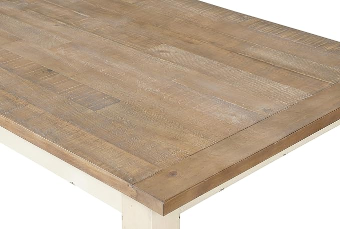 Roundhill Furniture Prato 6-Piece Dining Set, Dining Table with 4 Cross Back Chairs and Bench, Antique White and Distressed Oak Finish