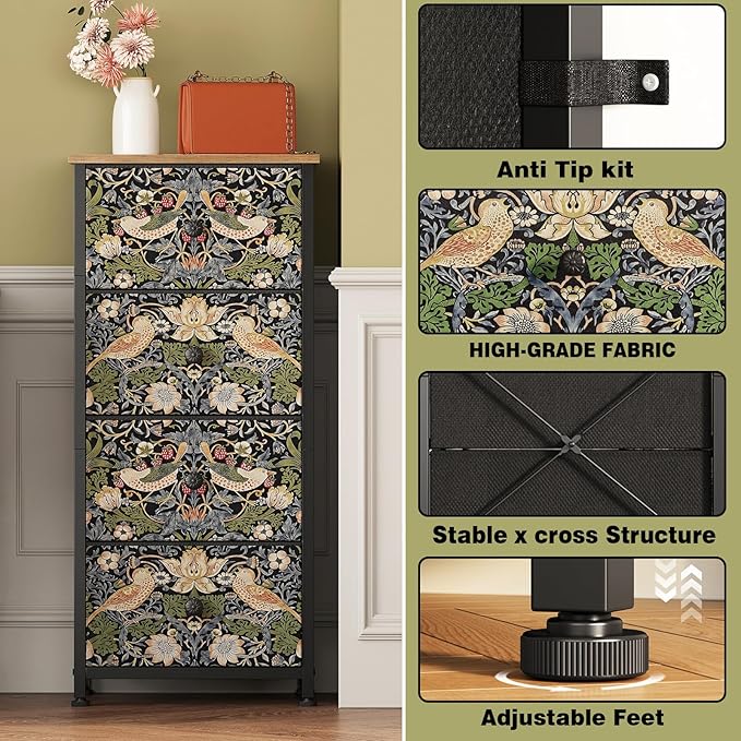 Dresser for Bedroom with 4 Drawer Strawberry Thief Dresser Vintage Storage Tower Unit Nightstand for Living Room Hallway Kids Room Closet Sturdy Steel Frame Wooden Top, Brown