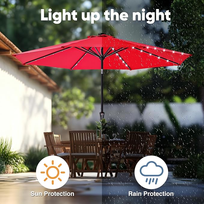 DUMOS 10 FT Outdoor Patio Umbrella with 32 LED Lights, UV-Resistant Outdoor Table Umbrella with Tilt and Crank for Backyard, Deck, Garden and Beach, Red