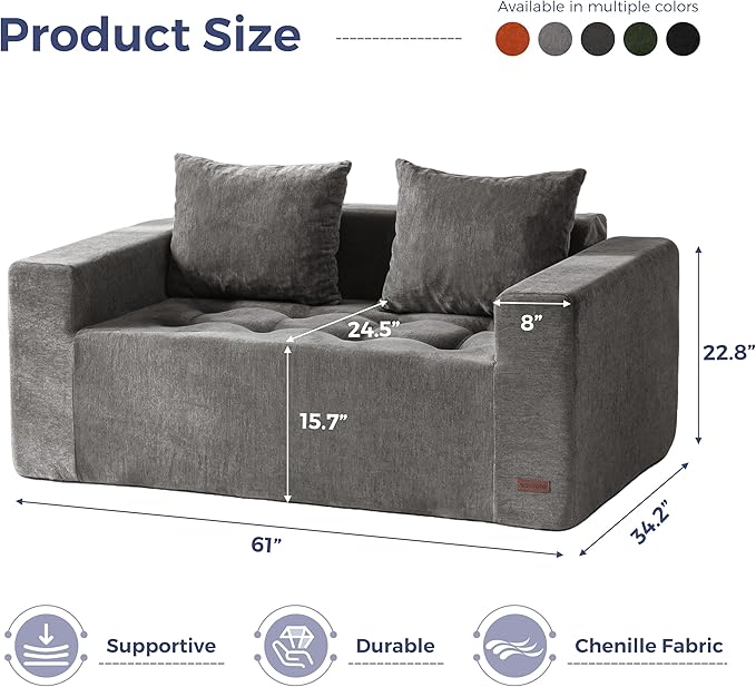 MAXYOYO Modular Sofa Couch, 61" Loveseat Boneless Cloud Couch with Deep Seat, Chenille Upholstered Living Room Sleeper Sofa Chair for Living Room, No Assembly Required, Light Grey