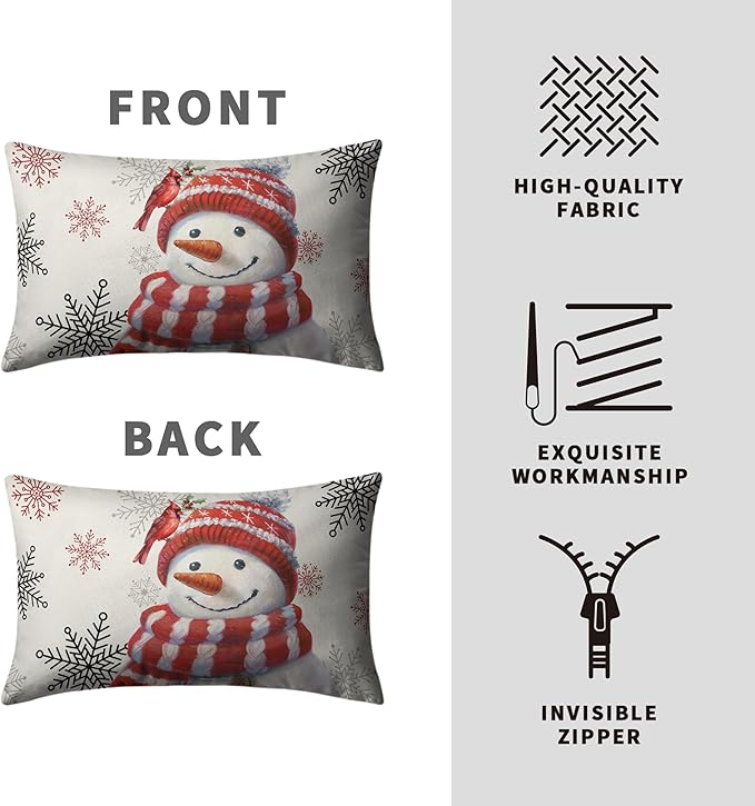 Snowman Lumbar Pillow Covers 12x20 Set of 2 Red Snowman with Cardinal Bird Snowflake Rectangle Cushion Case Christmas Winter Holiday Throw Pillowcases for Living Room Bedroom Sofa