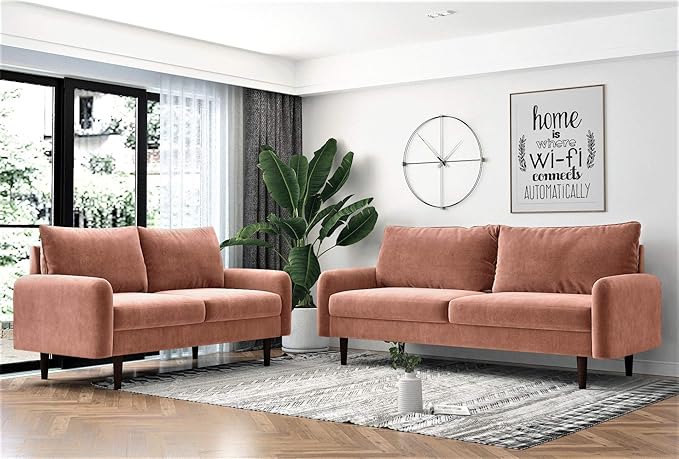Container Furniture Direct Americus Velvet Upholstered Sofa and Loveseat Set, Couches for Living Room with Luxurious Mid Century Modern Design and Wooden Base, 2 Piece, Rose