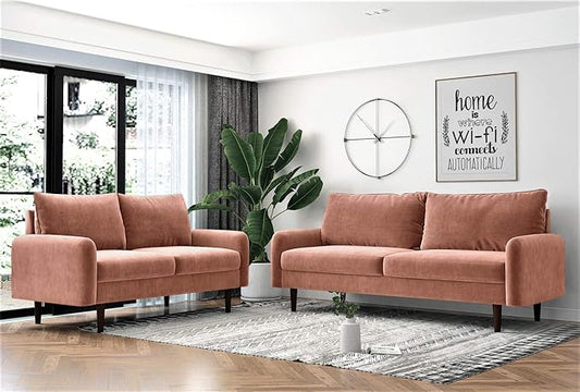 Container Furniture Direct Americus Velvet Upholstered Sofa and Loveseat Set, Couches for Living Room with Luxurious Mid Century Modern Design and Wooden Base, 2 Piece, Rose