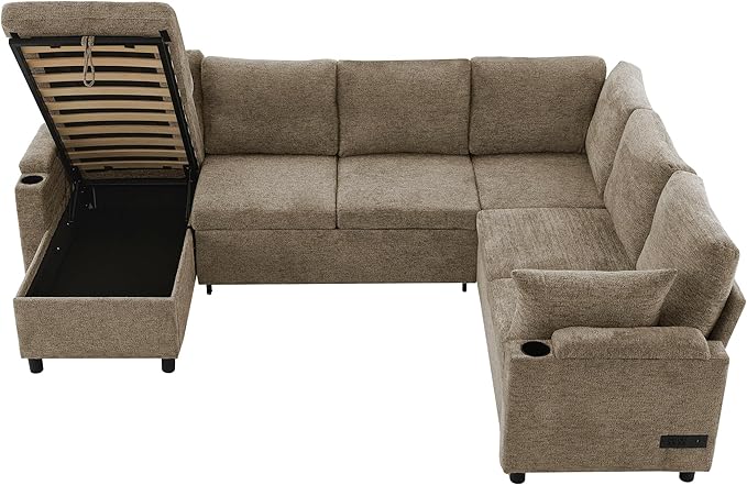 ERYE U Shaped Pull Out Sleeper Sectional Sofa Bed Modern Corner Convertible Sleeper Couch with Left Facing Storage Chaise, Cupholders, Charging Ports and Armrests Storage