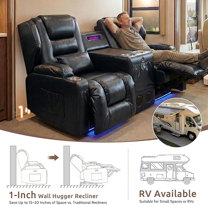 SAMERY Loveseat Recliner Sofa, Power Reclining Loveseat Sofa, Wall Hugger Recliners RV Couch with Console, Lift-Top Table, Rhythm & Ambient LED Lights, USB-C, Outlets, Faux Leather, Black | Extra Wide Seat, Plush Padding, Dual Power Recline, Lift-Up Ta...