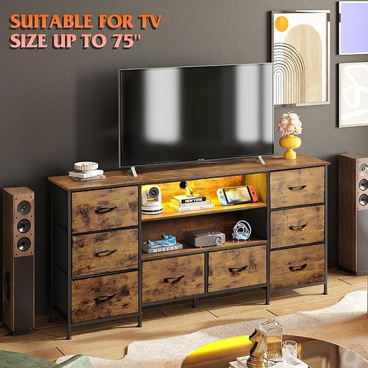 WLIVE TV Stand Dresser for 65,70 inch TV, Entertainment Center with LED Lights & 8 Long Fabric Drawers, Dresser TV Stand for Bedroom and Living Room, Rustic Brown