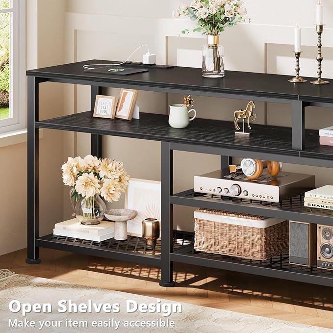 Furologee 71 Inch TV Stand with LED Lights, Entertainment Center with Power Outlets for 80 75 65 Inch TV, Media Console Table with Open Shelves, for Bedroom, Living Room, Black