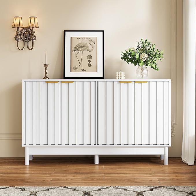 RoyalCraft 55'' Buffet Cabinet with Storage, Fluted Sideboard with Doors and Adjustable Shelves, Wood Credenzas Console Table, Coffee Bar Cabinet for Kitchen, Dining Room, Living Room, White