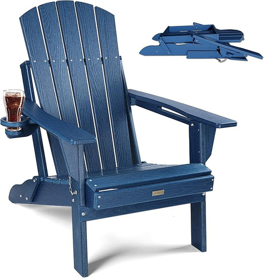 Adirondack Chair with Cup Holder: Folding Adirondack Chairs Plastic HDPE Material Furniture - Composite Fire Pit Chairs Foldable for Outdoor/Backyard/Garden/Lawn/Deck/Porch/Patio