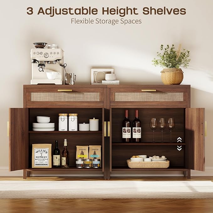 Rattan Buffet Cabinet with Storage, Sideboard Cabinet with Doors and Shelves, Accent Coffee Bar with Drawers, Farmhouse Kitchen Storage Cabinets, credenza for Entryway, Living Room Walnut