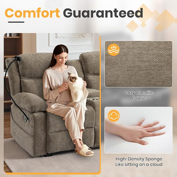 Loveseat Recliner Sofa, Reclining Loveseat with Console, RV Wall Hugger Double Loveseat Recliner Couch for Living Room & Home Theater (Chenille-Camel)