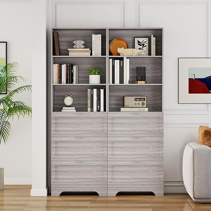 71'' Tall Bookshelf with Drawers,6 Tier Wooden Bookcase Storage Organizer,Freestanding Display Cabinet with Adjustable Shelves for Living Room, Bedroom, Kitchen, Home Office, Wash Grey