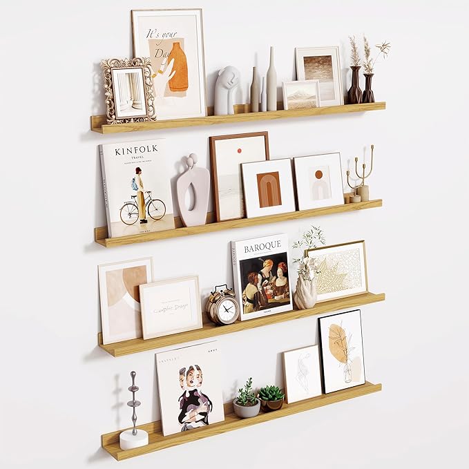 Fun Memories 40 Inch Floating Shelves for Wall - Wall Shelves with Lip Set of 4 - Nursery Bookshelf for Storage - Picture Ledge Shelf for Bedroom - Living Room - Kitchen - Oak Color