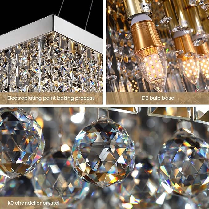 7PM Rectangle K9 Crystal Chandelier Modern Rectangular Pendant Light Fixture for Dining Room Kitchen Island Chrome L40 x W10 x H10