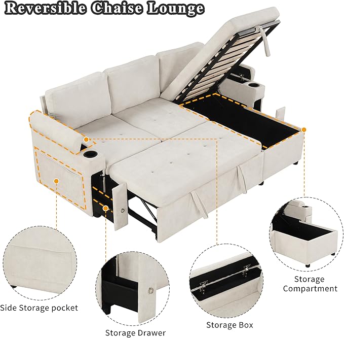 Eafurn 83.5" Sleeper Sectional Sofa with Pull Out Couch Bed, Convertible L-Shaped Sofa with Storage Chaise, Quick Assemble Sleeper Corner Sofa with Cup Holders & USB Ports