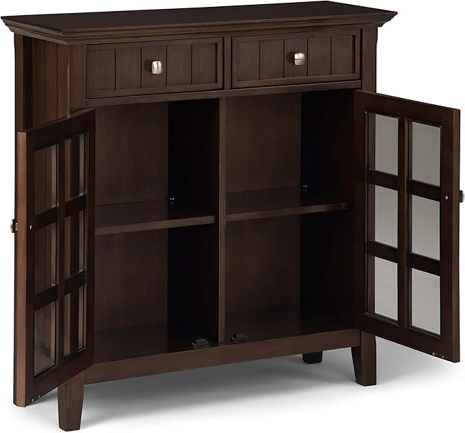SIMPLIHOME Acadian Storage Cabinet - 36 inch Wide Solid Wood Entryway Storage Cabinet in Natural Aged Brown, Transitional Cabinet for Hallway or Living Room with 2 Drawers and Adjustable Shelves