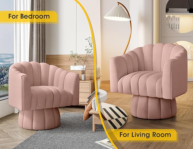 Mid Century 360 Degree Swivel Cuddle Barrel Accent Sofa Chairs, Round Armchairs with Wide Upholstered, Fluffy Velvet Fabric Chair for Living Room, Bedroom, Office, Waiting Rooms, (Pink)