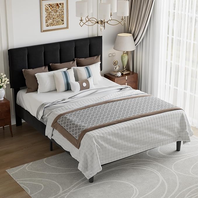 VECELO Full Bed Frame with Upholstered Headboard, Heavy-Duty Platform Bedframe with Strong Wooden Slats Support, No Boxing Spring Needed, Velvet & Black