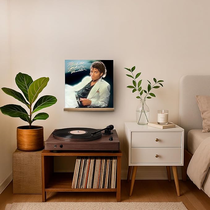VOL-KI 4-Pack Vinyl Record Shelf Wall Mount – Solid NZ Pine Wood Floating Vinyl Display Shelf & Record Holder, Includes Now Playing Display, Marking Strip & Mini Level (Rich Walnut)