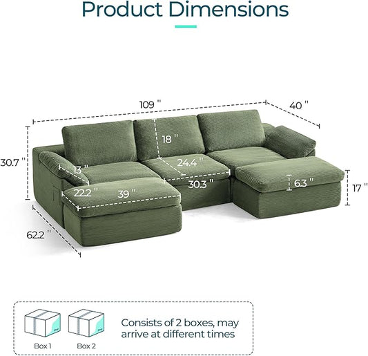 LINSY HOME 109" Modular Couch Modern Boneless Cloud Couch, U Shaped Sofa with Movable Ottomans, Deep Seat Corduroy Sectional Couches for Living Room, Apartment, No Assembly Required, Green