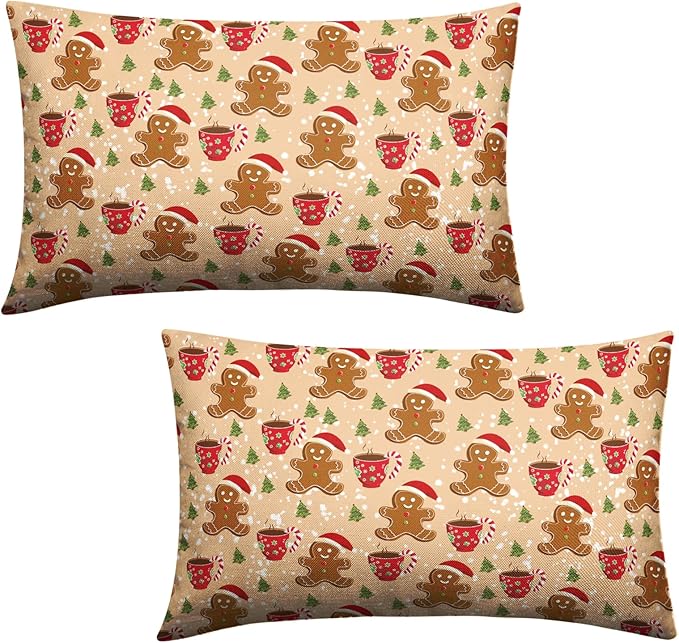 Christmas Gingerbread Lumbar Pillow Covers 12x20 Set of 2 Cute Gingerbread Cafe Xmas Tree Rectangle Throw Pillow Cover Christmas Orange Pillow Case for Home Couch Sofa Winter Decoration