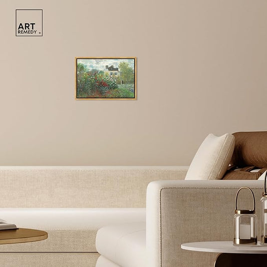 Art Remedy Monet-Garden With Dahlias Impressionism Classic Landscape Paintings Canvas Wall Art, Gold Floater Frame, 16"x24"