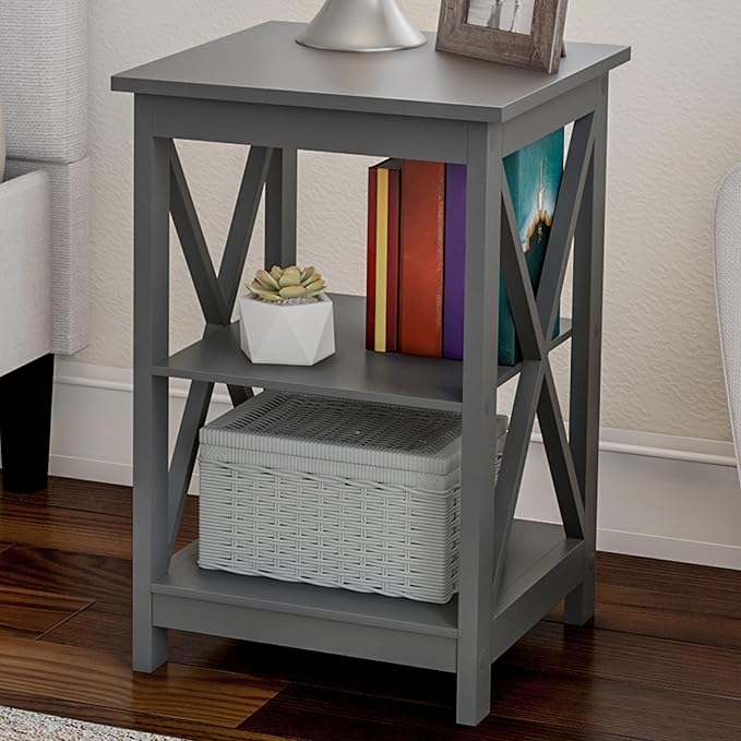 Side Tables with Two Shelves – Set of 2 Contemporary Nightstands with X-Legs – Wooden End Table Pair for Living Room or Bedroom by Lavish Home (Gray)