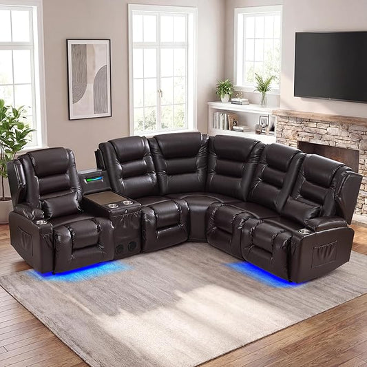 SAMERY Recliner Sectional Couch, Power Reclining Sectional Sofa, Wall Hugger Recliners RV Couch with Corner Couch, Flip-Backrest, Lift-Top Table, Ambient Lights, USB, Faux Leather, Brown | Extra Wide Seat, Plush Padding, Dual Power Recline, Lift-Up Tab...