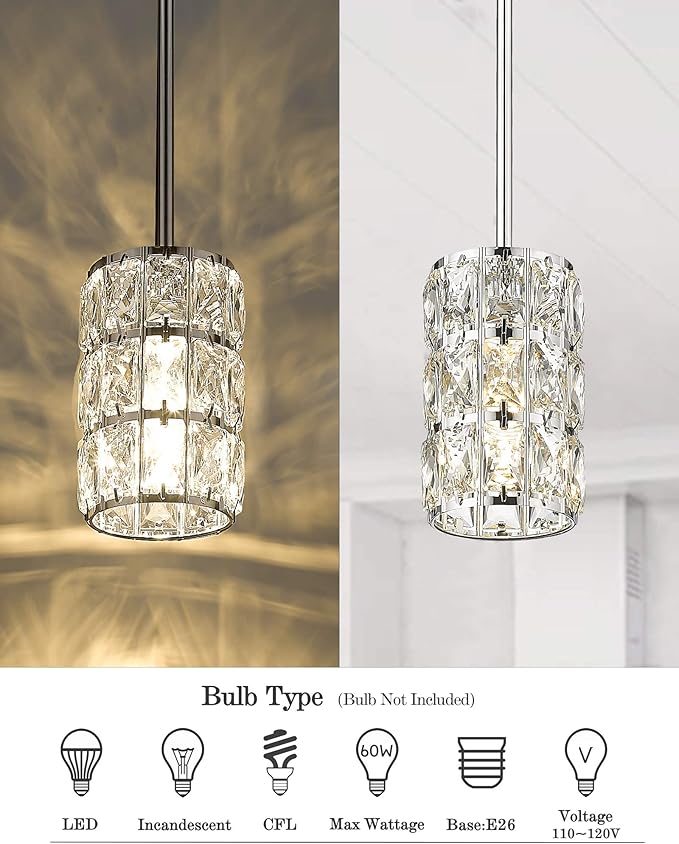 CALDION Mini Crystal Pendant Light Kitchen Island, 1-Light Moden Pendant Light Fixtures, Adjustable Rods Pendant Lighting for Dining Room Bedroom Bar Cofe Bedroom Chrome Finish, 6869PL-CH