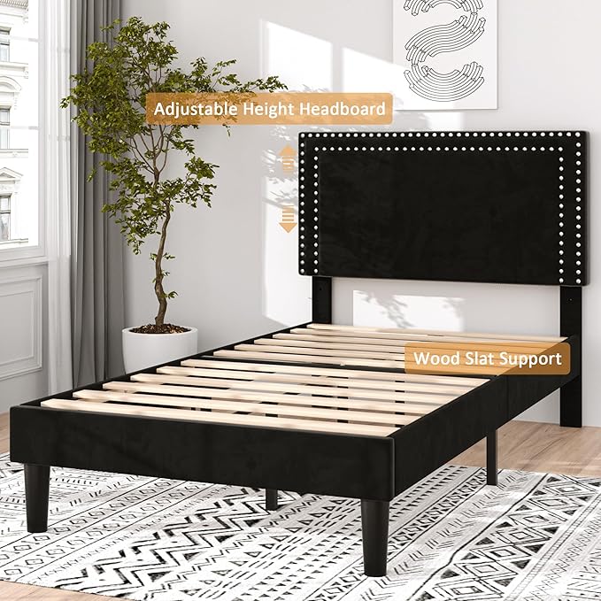 VECELO Twin Size Platform Bed Frame with Adjustable Upholstered Headboard, Nailhead Decor, Strong Wood Slat Support, No Box Spring Needed, Easy Assembly