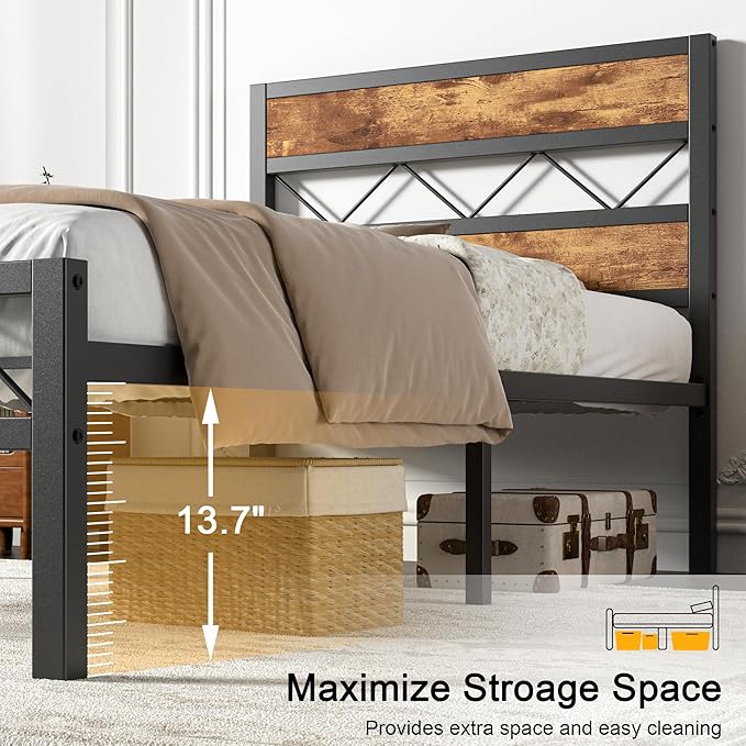 VECELO Twin Bed Frame with Headboard, Metal Platform Bedframe with Heavy Duty Slats Support, No Box Spring Needed, Easy Assembly, Rustic Brown