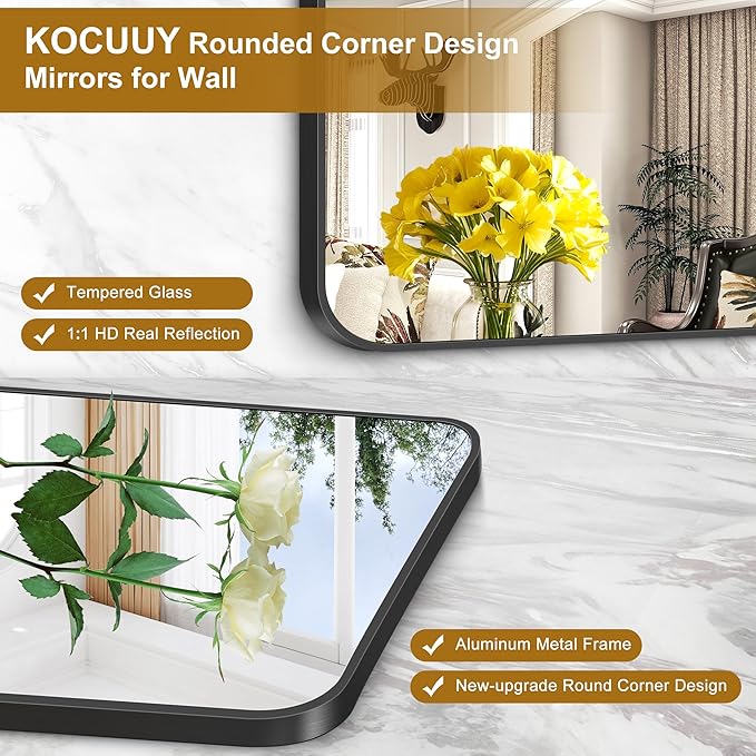 KOCUUY 60"x30" Large Rectangle Vanity Mirror, Black Metal Frame Mirror with Rounded Corner, Modern Design of Upgraded Shatterproof Glass for Bathroom, Bedroom, Living Room, Entryway