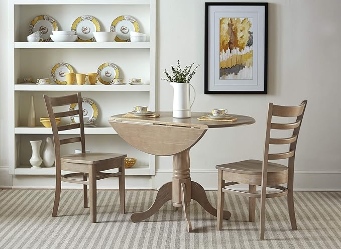 IC INTERNATIONAL CONCEPTS 42" Dual Drop Leaf Wood Table with 2 Emily Side Chairs in Washed Gray Taupe