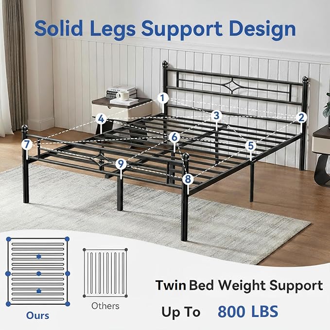 Metal Bed Frame Twin Size - 14 Inch Platform Bed Frame with Headboard/Heavy Duty Sturdy Mattress Foundation/No Box Spring Needed/Easy Assembly, Black, Twin