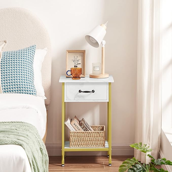 VECELO Night Stand Set 2 with Drawer and Storage Shelf,15.7x11.8x23.6 inches Bedside Table End Table,Wood Nightstands for Bedroom, Living Room,Sofa,Gold+White,2 Sets
