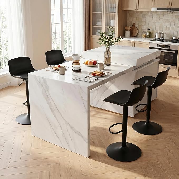 YOUNIKE Bar Stools Set of 2 Modern Black PU Counter Height Barstool, High Padded Adjustable Swivel Barstools with Back for Bar Counter and Kitchen Island