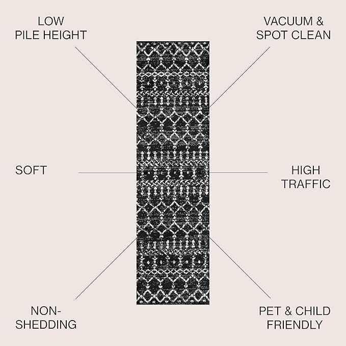 JONATHAN Y Boho Vintage Diamond Black/Ivory Runner Rug 2X10 ft, Moroccan Hype for Living Room, Bedroom, Kitchen, Office, Easy-Cleaning, High Traffic, Pet-Friendly, Non-Shedding (MOH101D-210)