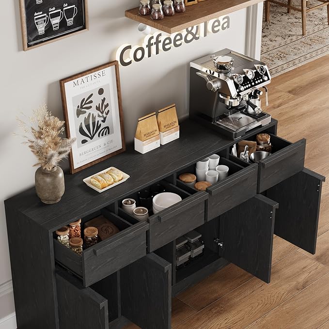 GarveeHome Sideboard Buffet Cabinet with 2 Drawers, 31.5 in Large Coffee Cabinet with Storage, Modern Storage Buffet Table for Kitchen Dining Room, Living Room (Dark, 4 Doors & 4 Drawers)