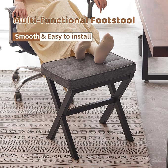 FILWH Foot Stool Small Ottoman Foot Rest Padded Foot Stool Desk for Under Office Desk Vanity Stool Bamboo Footstool Sofa Footrest Shoe Stool Small Foot Stools (Black Legs + Gray)