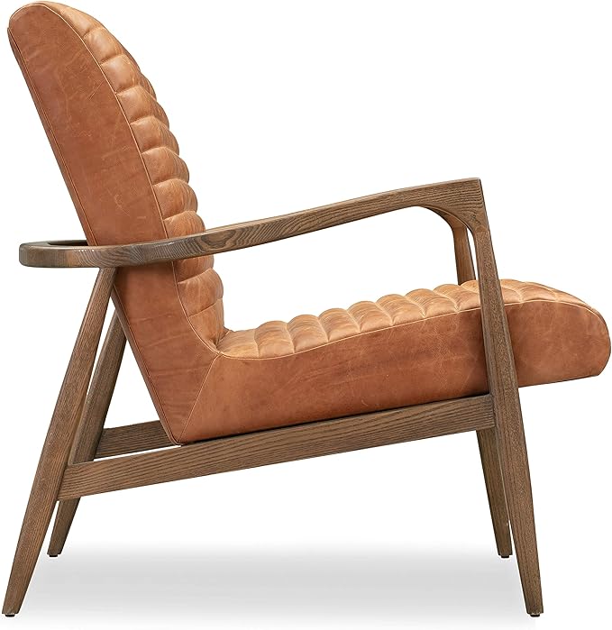 Poly & BARK Rowan Lounge Chair – Mid Century Modern Leather Armchair with Ribbed Seat and Solid Ash Wood Frame, Cognac Tan