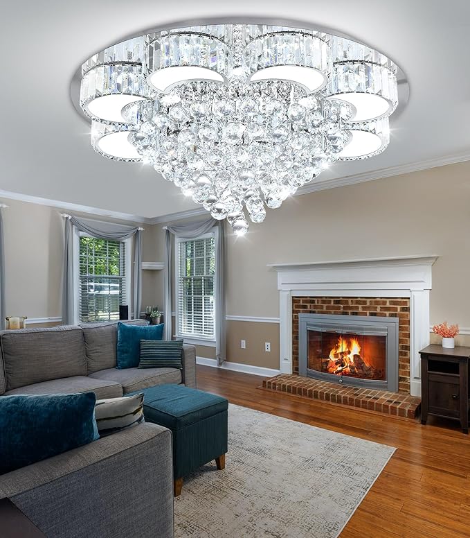 31.4'' Silver Modern Crystal Chandeliers for Dining Room LED Dimmable Light Fixtures Flush Mount Light Living Room Bedrooms