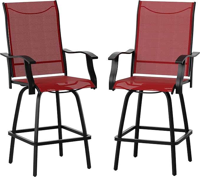 Flash Furniture Valerie Patio Bar Height Stools Set of 2, All-Weather Textilene Swivel Patio Stools with High Back & Armrests in Red