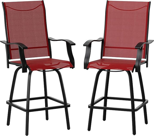 Flash Furniture Valerie Patio Bar Height Stools Set of 2, All-Weather Textilene Swivel Patio Stools with High Back & Armrests in Red