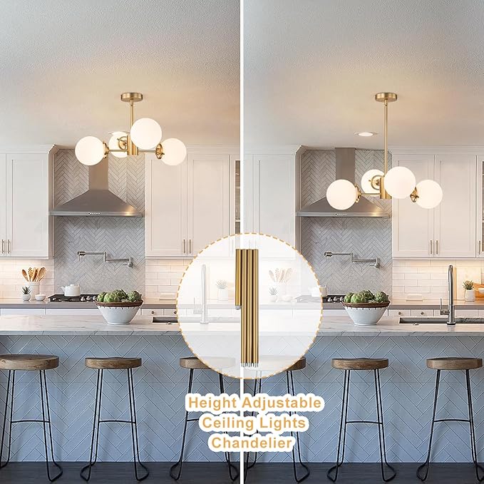 Gold Sputnik Chandelier with Milk Glass Globes, 23.6" 4-Light Mid-Century Pendant Light for Dining Room, Living Room,Foyer, Entryway