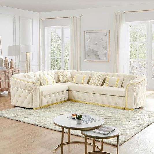 KEIKI 111" L-Shaped Luxury Velvet Chesterfield Sectional Sofa with Gold Stainless Steel Accents and 7 Pillows, Mid-Century Oversized 5-Seater Button Tufted Couch, Easy Assembly, for Living Room, Beige