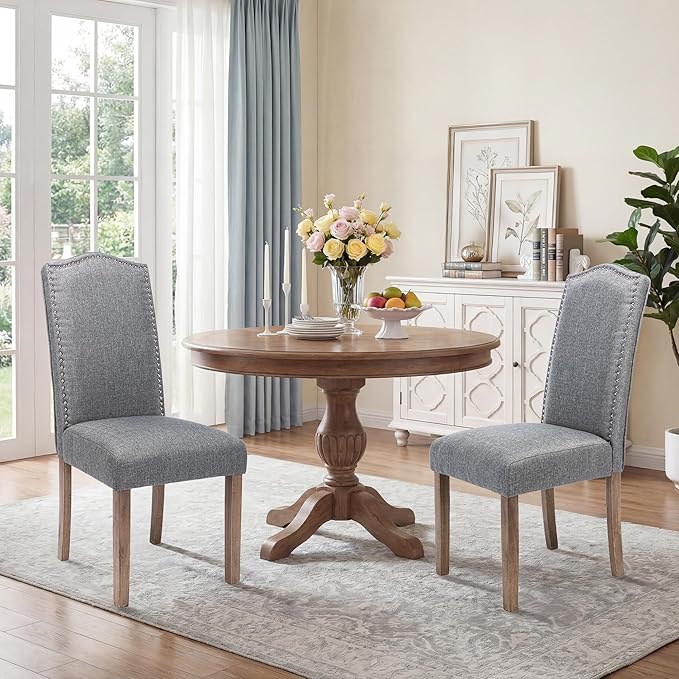 Upholstered Dining Chair Modern Stylish Parsons Kitchen Diner High Back with Silver Nailhead Trim & Wood Legs, Set of 4, Fabric Classic Grey