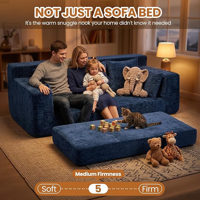 Convertible Sofa Bed, 5 in 1 Small Boneless Couch Pull Out Loveseat Sleeper Sofa,Corduroy Futon Couch Folding Mattress with 4 Pillows for Living Room Bedroom Lounge (Blue, 3 Seater)