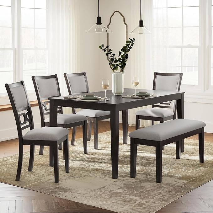Signature Design by Ashley Langwest Classic Upholstered Dining Table and 4 Chairs and Bench, Set of 6, Dark Brown & Light Gray