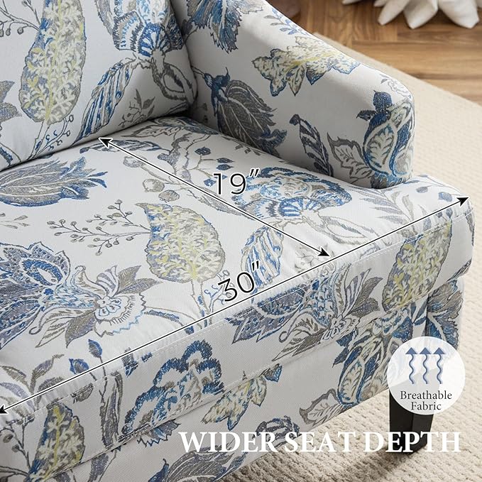 Bezseller Floral Accent Chair, Upholstered Reading Armchair with Wood Legs, Mid-Century Leisure Comfy Single Sofa Chair for Living Room, Bedroom, Home, Office, Blue Floral